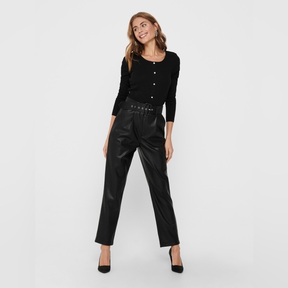 Halilu Faux Leather Pants size M Belted Zipper Elasticity Hight Waist - Picture 8 of 16